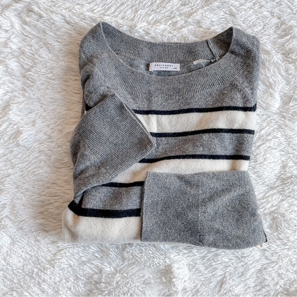 Equipment | Cashmere Striped, Neutral Minimalist Long Line Sweater - Picture 6 of 13